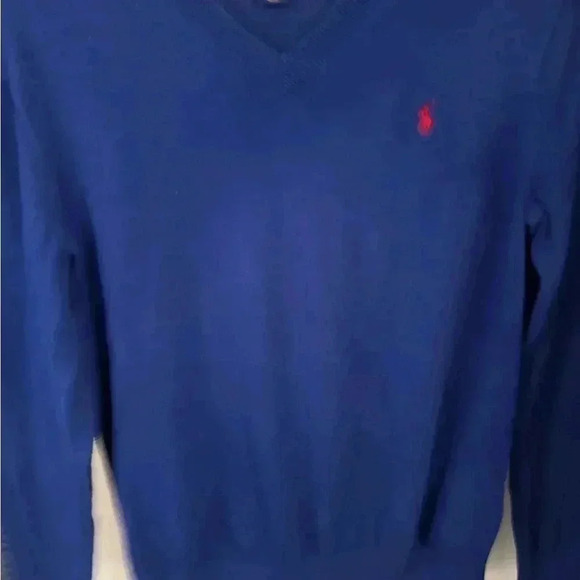 Polo Ralph Lauren boys knit V-Neck sweater.  blue w/elbow patches sz M 10-12 - Picture 2 of 11